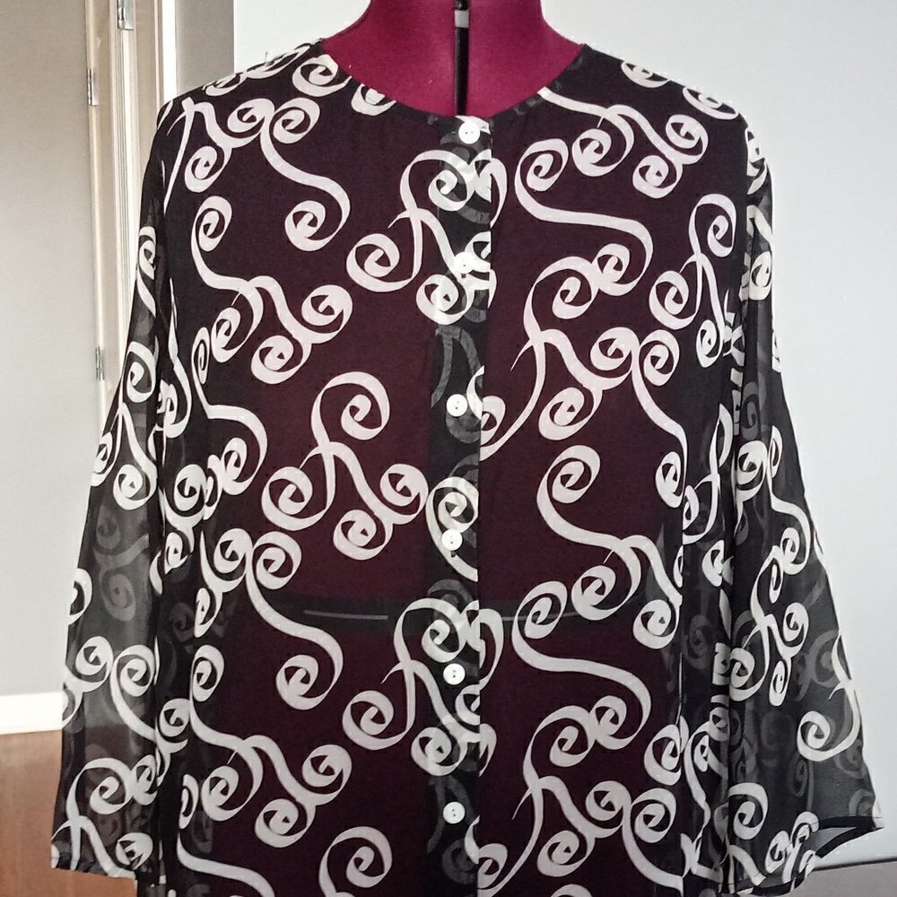 Laura Ashley B&W Swirl Pattern Sheer Silk Blouse